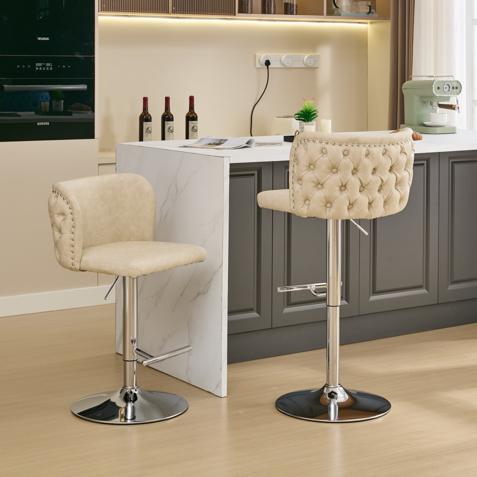 DONICK Swivel Counter Height Barstools,Upholstered Bar Stools Adjustable Height Nailhead Button Tufted Kitchen Island (PU,Cream,Set of 6)