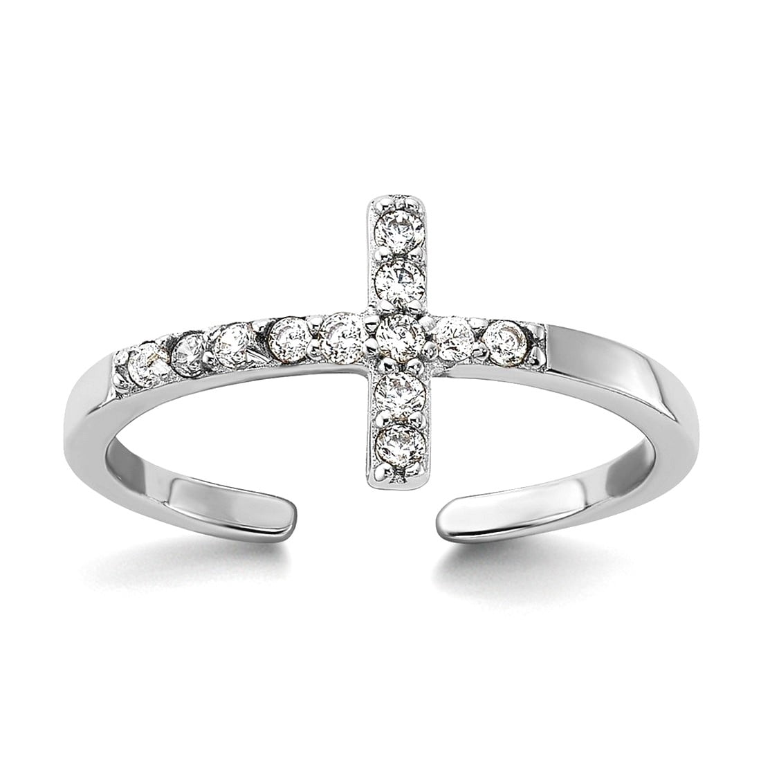 925 Sterling Silver Rhodium Plated Cubic Zirconia Sideways Religious Faith Cross toe ring 1.4mm Wide toe ring for Women