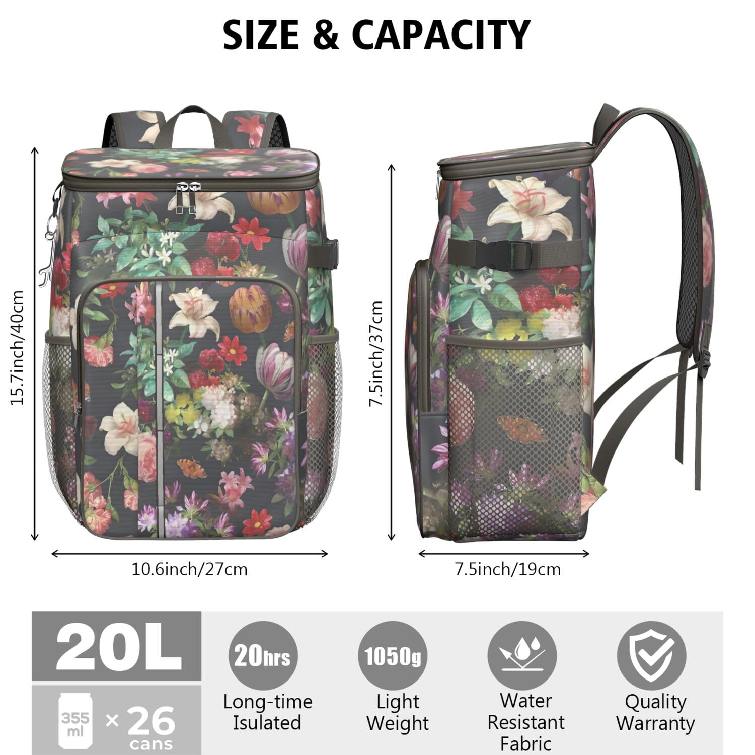Travel Cooler Bag - Pioneer Flower Floral Print Pattern Camping Beer Cooler Backpack with Bottle Opener- Waterproof Insulated Picnic Backpacks - Cooler Bag for Beach