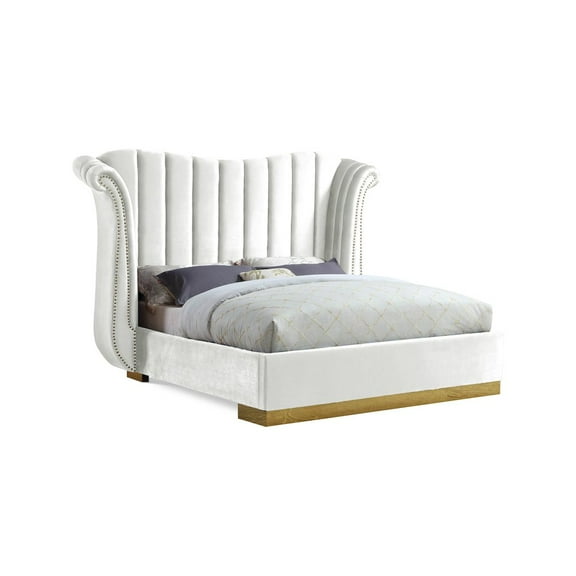 Meridian Furniture Flora Solid Wood and Velvet Queen Bed in White
