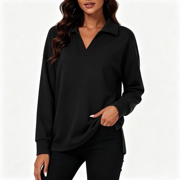 Vynhevius Womens Sweatshirt Solid V Neck Long Sleeve Side Slit Casual Loose Tunic Top