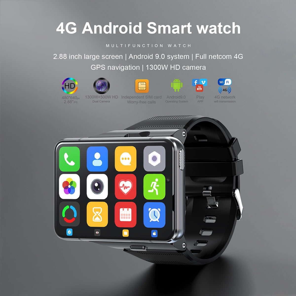 Rainbuvvy S999 4G Smart Watch 2.88 inch MTK6761 4GB+64GB Dual Camera 500W/1300W Built-in GPS WIFi 2300mAh Android 9.0 Big Screen Smart Watch