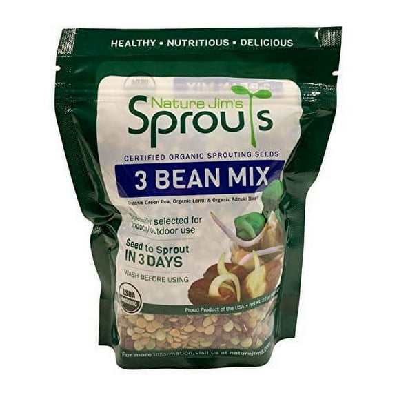 Nature Jims Sprouts 3 Bean Seed Mix - Certified Organic Green Pea, Lentil, Adzuki Bean Seeds for Planting - Non-GMO Vegetable Seeds - Resealable Bag for Freshness - Fast Sprouting Bean Seeds - 16 Oz