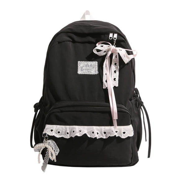Aesthetic School Backpack with Lace Bow, Lace Trim School Backpack with Side Bowknot, Lightweight Computer Bag for Middle School College, Black