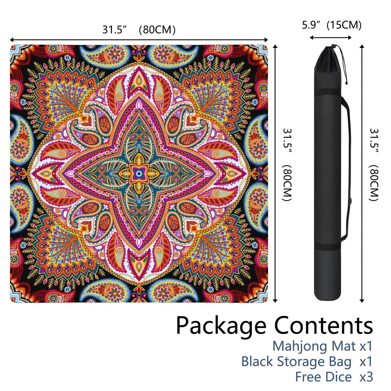 Paisley Mahjong Mat for Table, 31.5*31.5in Anti Slip American Mahjong Table Cloth, Noise Reduction, Neoprene Mah jongg Mat with Carrying Bag & 3 Dices, Mahjong Accessories Gift, Board Tile Games Mats