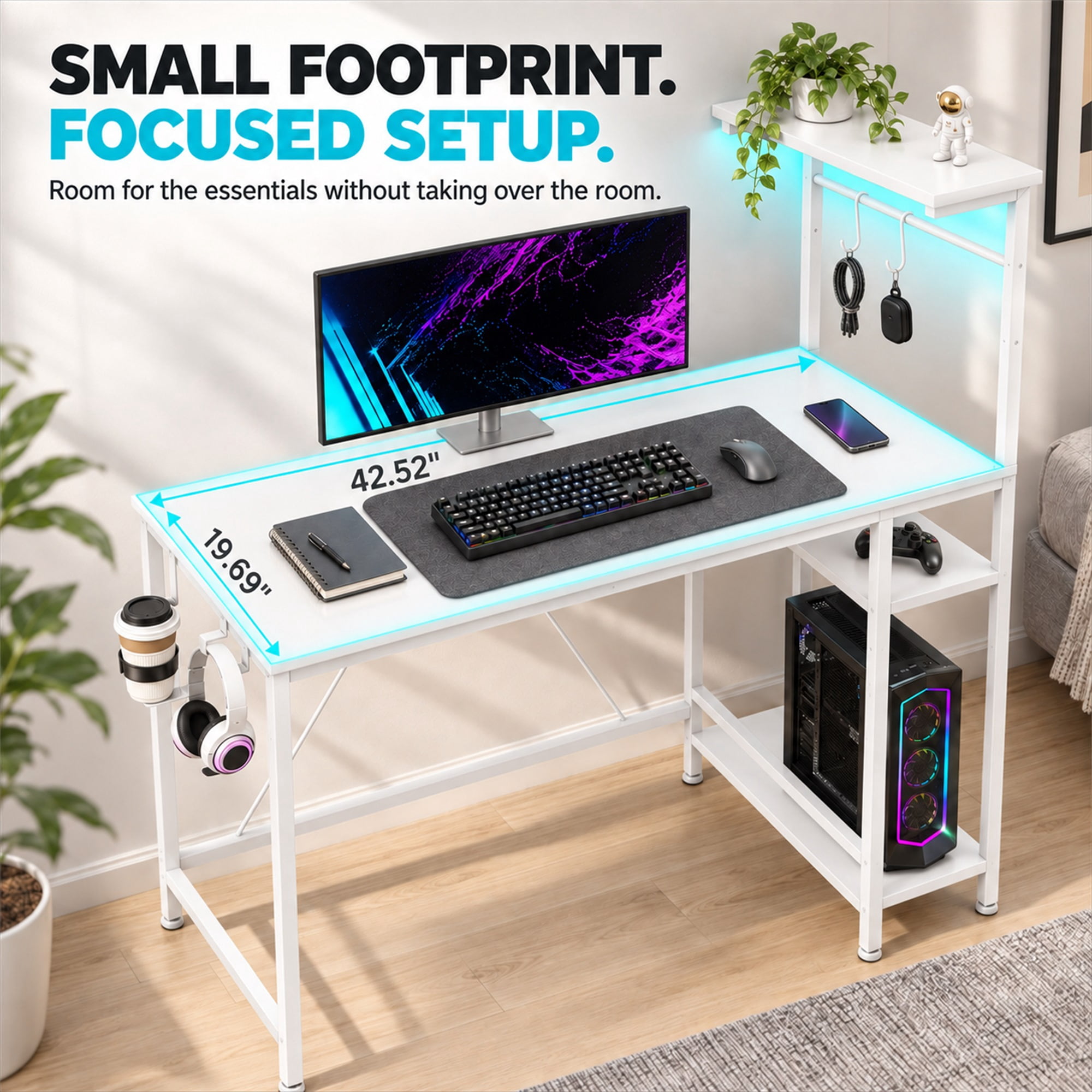 CloudRest Pro 44 Inch Gaming Desk with RGB LED Lights, Reversible Computer Desk with 4-Tier Storage Shelves, Cup Holder and Headphone Hook, White
