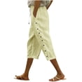 thumbnail image 2 of ClodeEU Women's High Waisted Linen Blend Drawstring Elastic Waist Capri Pants with Side Button and Pockets ,Solid Color Casual Cropped Trousers Beige,Womens Plus M, 2 of 5