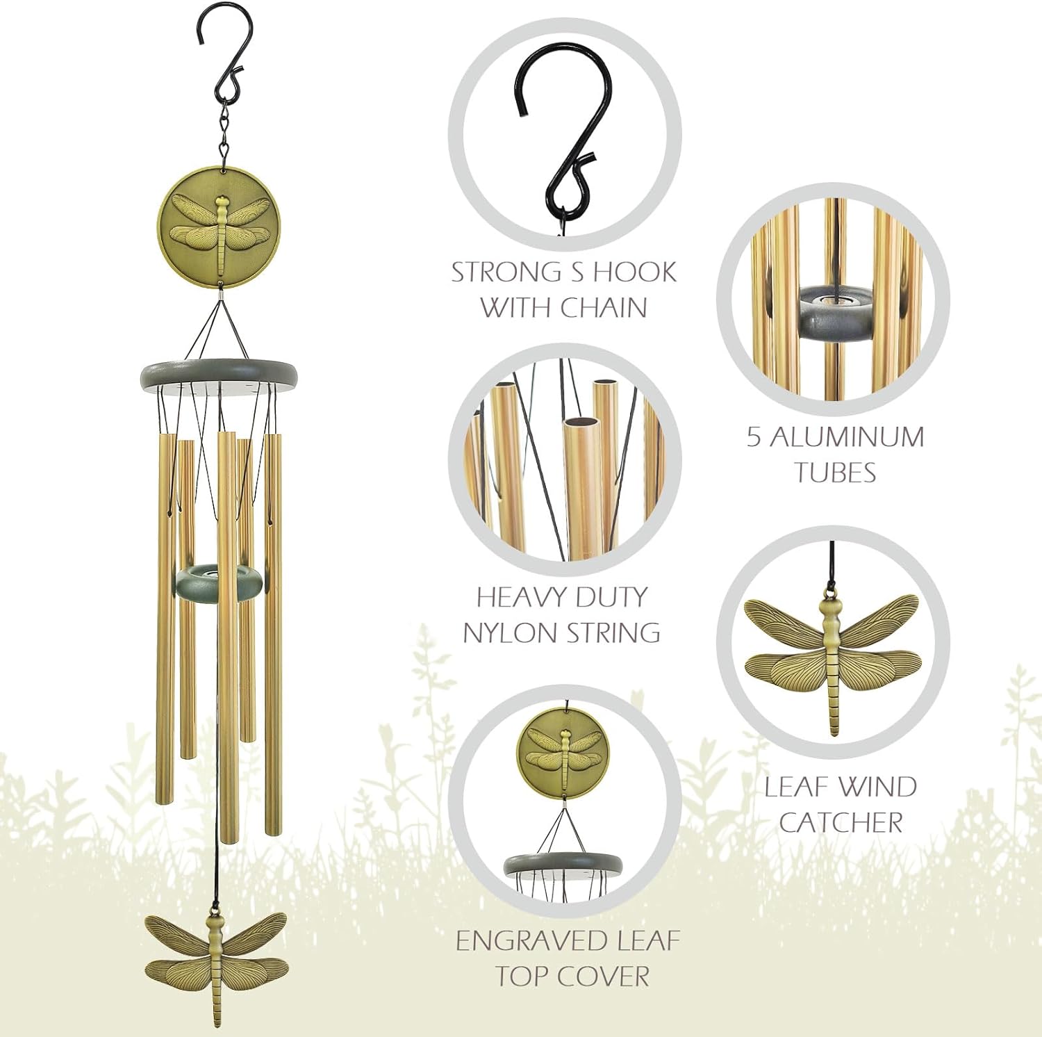 Dragonfly Wind Chimes Outdoor, 32” Bronze Wind Chime for Patio Yard Garden Decor, Memorial Gift Idea