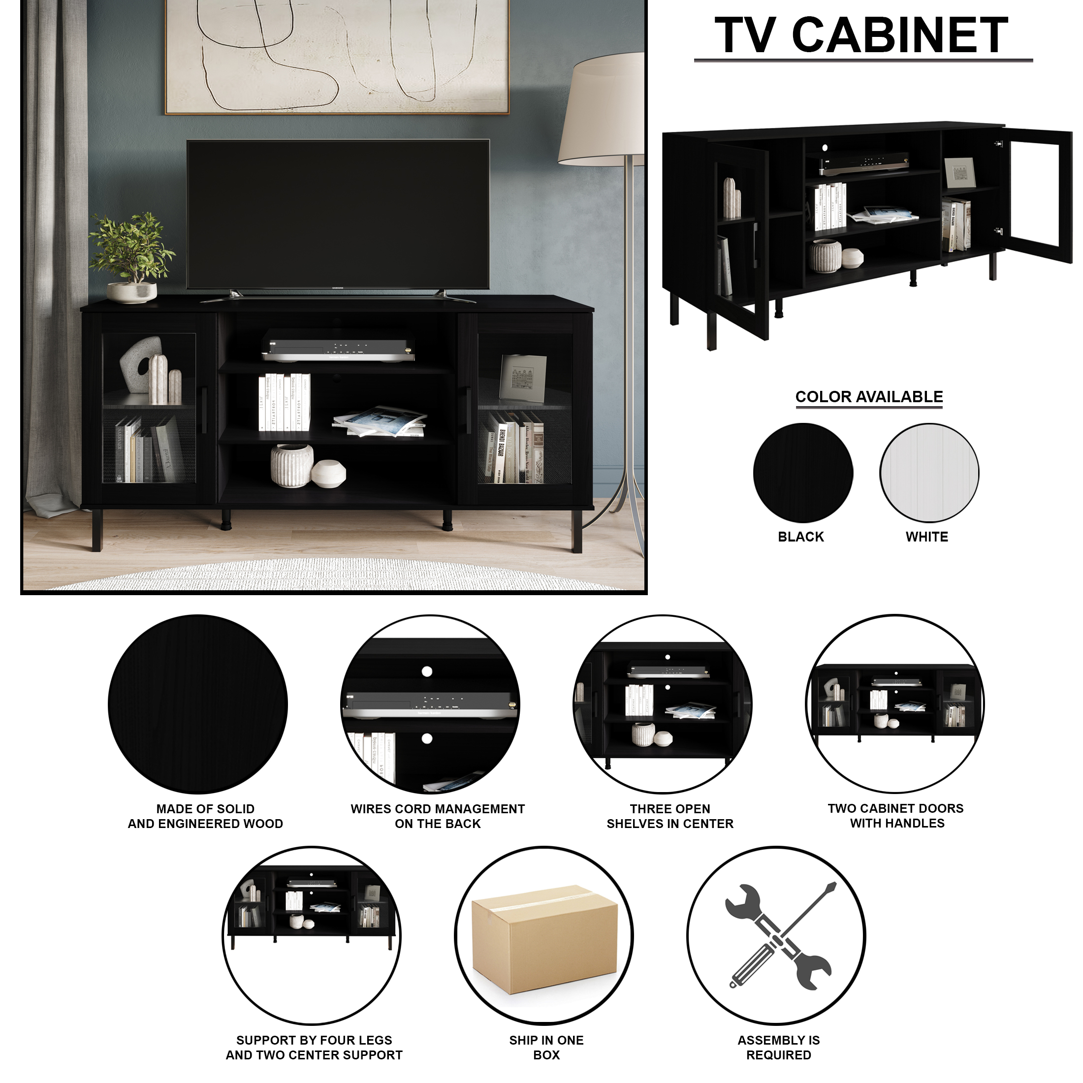 Castle Place Modern Farmhouse TV Stand Console for TVs up to 65", Black