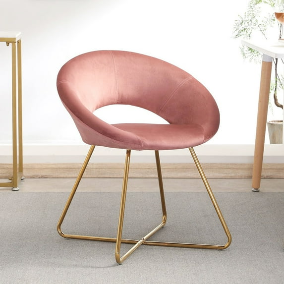 Velvet Dining Chair, Upholstered Low Back Accent Chair Modern Vanity Chair with Golden Legs Non-slip Side Chair for Kitchen, Living Room, Makeup Room - Pink