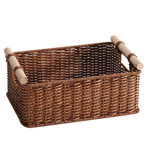 Large Wicker Storage Basket with Wooden Handles, Handmade Wicker Basket for Home Organization, Long-Lasting and Spacious, Great for Kitchen, Living Room, Bedroom Storage, Walnut Color