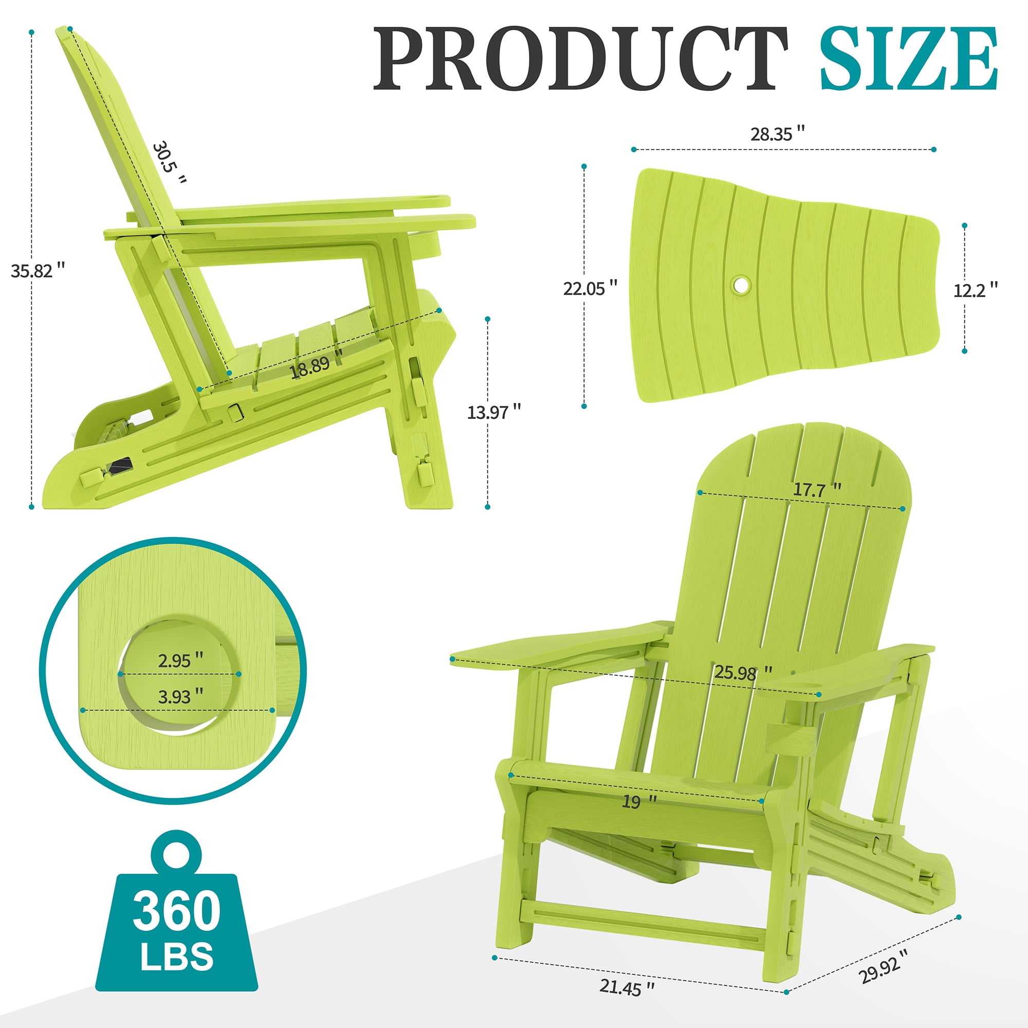 Walsunny Adirondack Chairs Set of 2 Fire Pit Chair Set with Connecting Tray Cup Holder Removable Tabletop,All-Weather HDPE Outdoor Chair Set for Patio Garden Lawn,Green