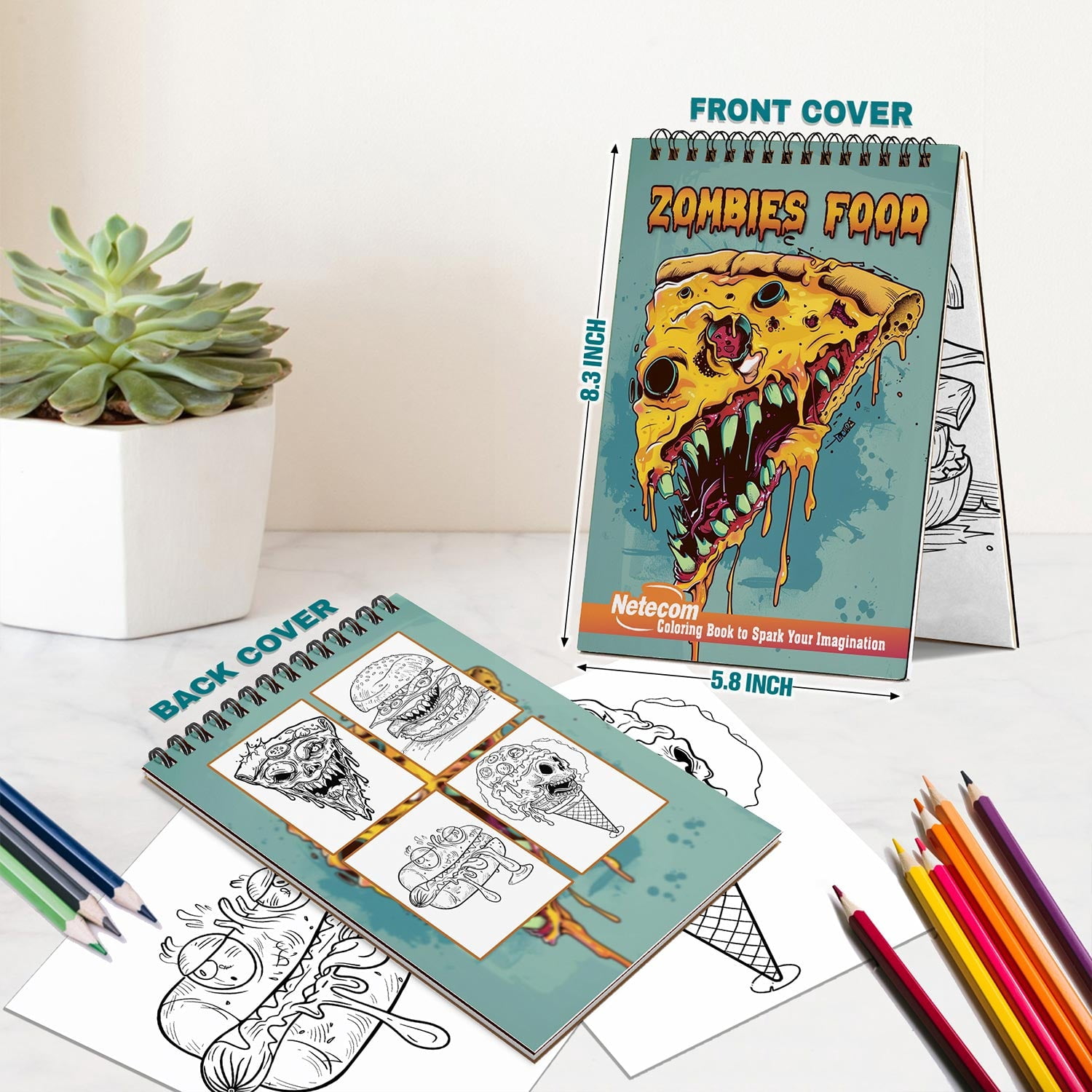 Netecom Zombies Food Coloring Book Spiral Bound for Adults, A5 Wooden Cover, 30 Cute and Funny Coloring Pages of Monster Foods for Stress Relief and Relaxation