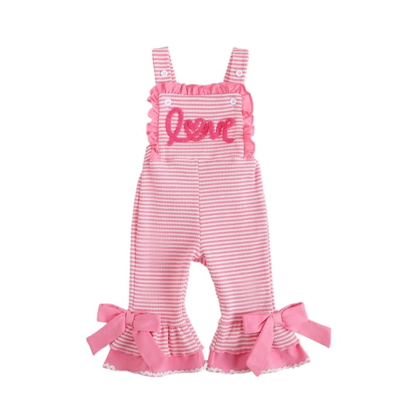 Valentine's Day Toddler Girl Overalls Baby Girl Summer Outfit Sleeveless Cow Bell Bottom One Piece Romper Jumpsuit Red 6 Months-12 Months