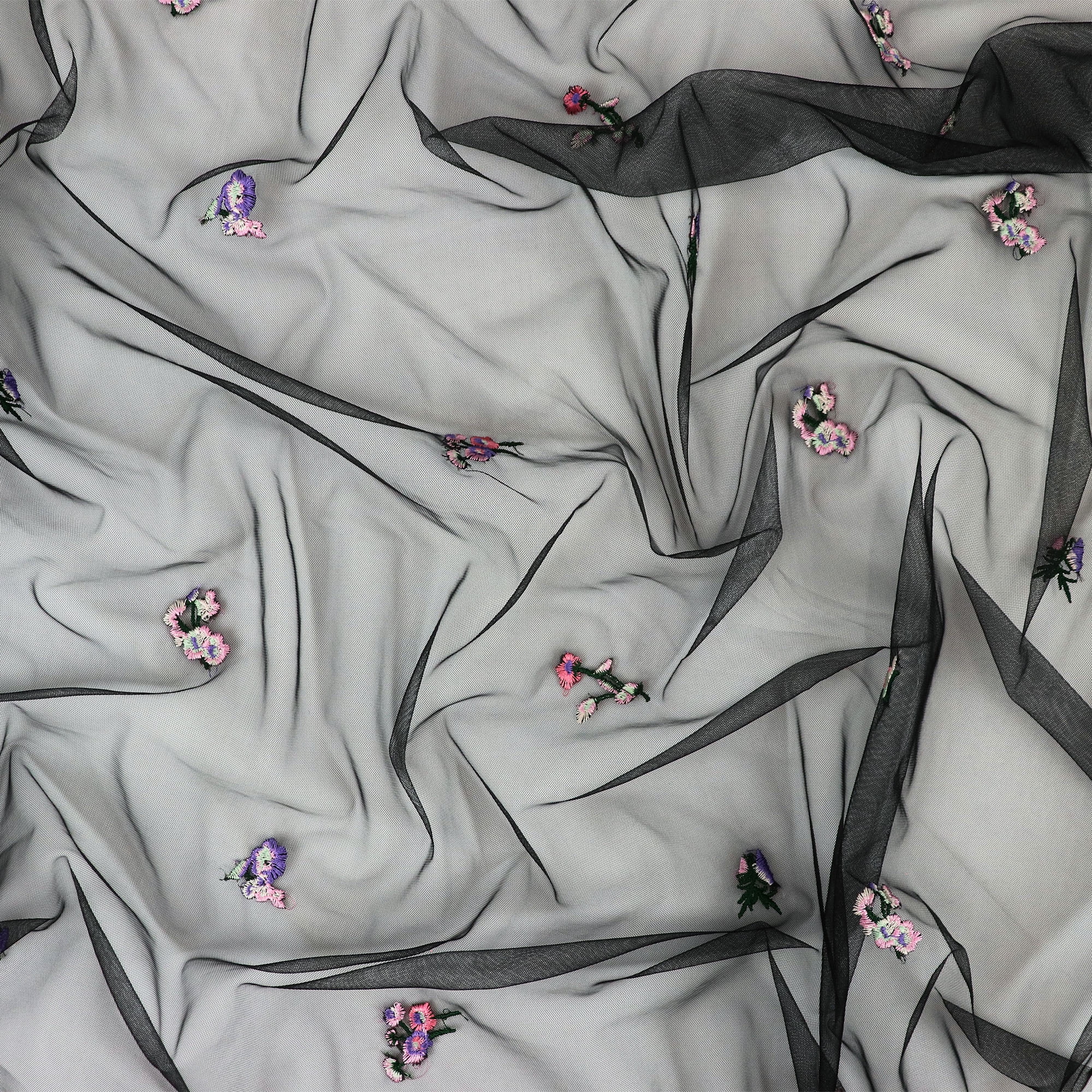 Romex Textiles Polyester Spandex Precut Mesh Fabric with Flower Embroidery - Black