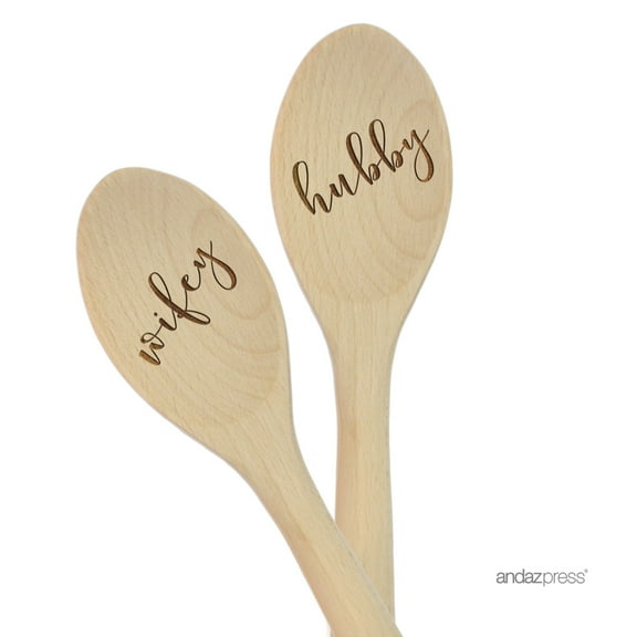 Koyal Wholesale 12-inch Laser Engraved Wooden Mixing Spoons, Hubby Wifey, 2-Piece