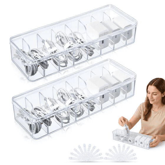 2 Pack Clear Cord Organizer Box, 8 Compartments Charger Organizer with Lid, Multi-Functional Charging Cord Organizer, Desktop Drawer Charging Cable Organizer with Wire Ties for Home Office