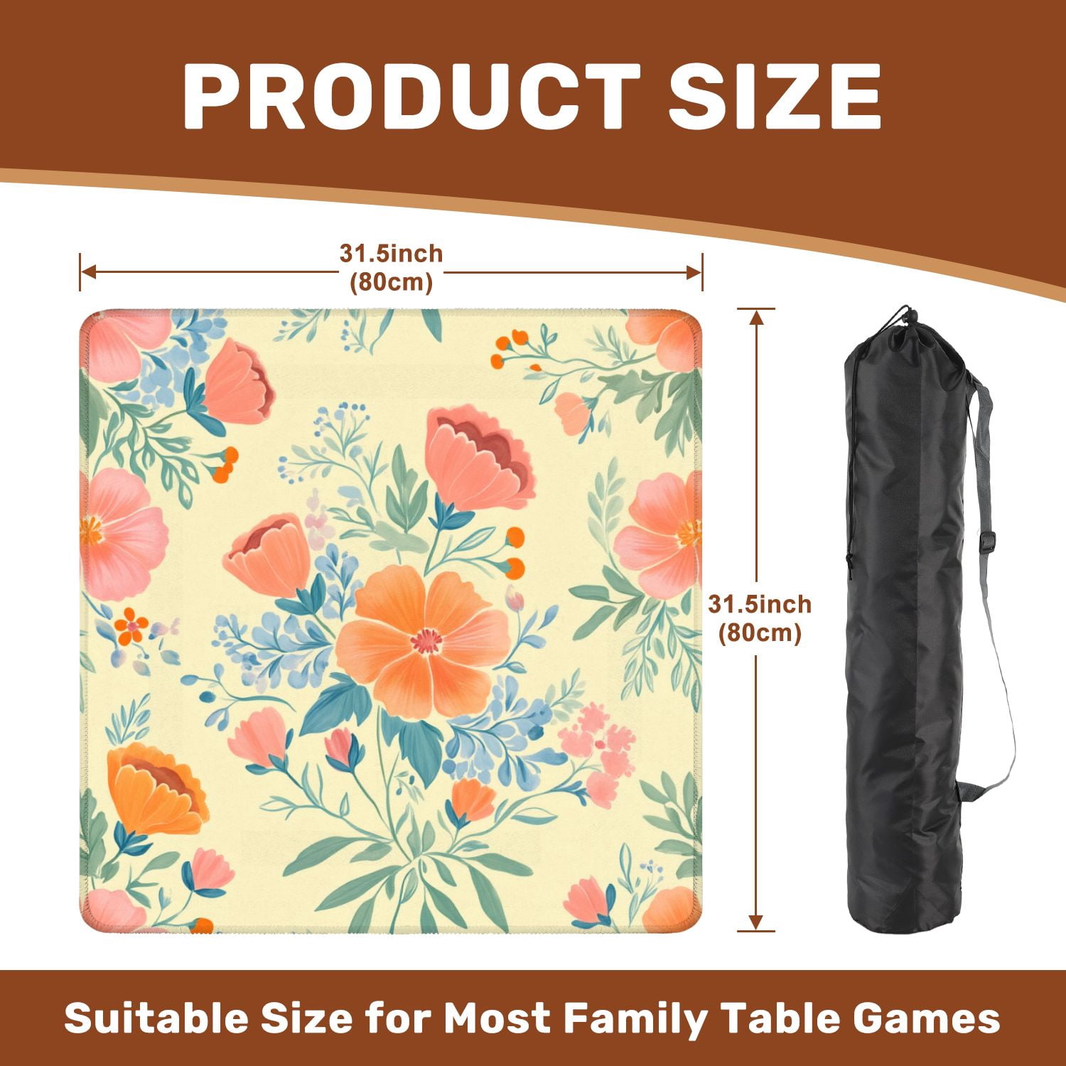 Mahjong Mat 31.5" x 31.5" Seamless Floral Orange Pink Flowers Cream Non-Slip Noise Reduction American Mahjong Tiles Table Cover for Dominoes Poker Card Board Games Gift
