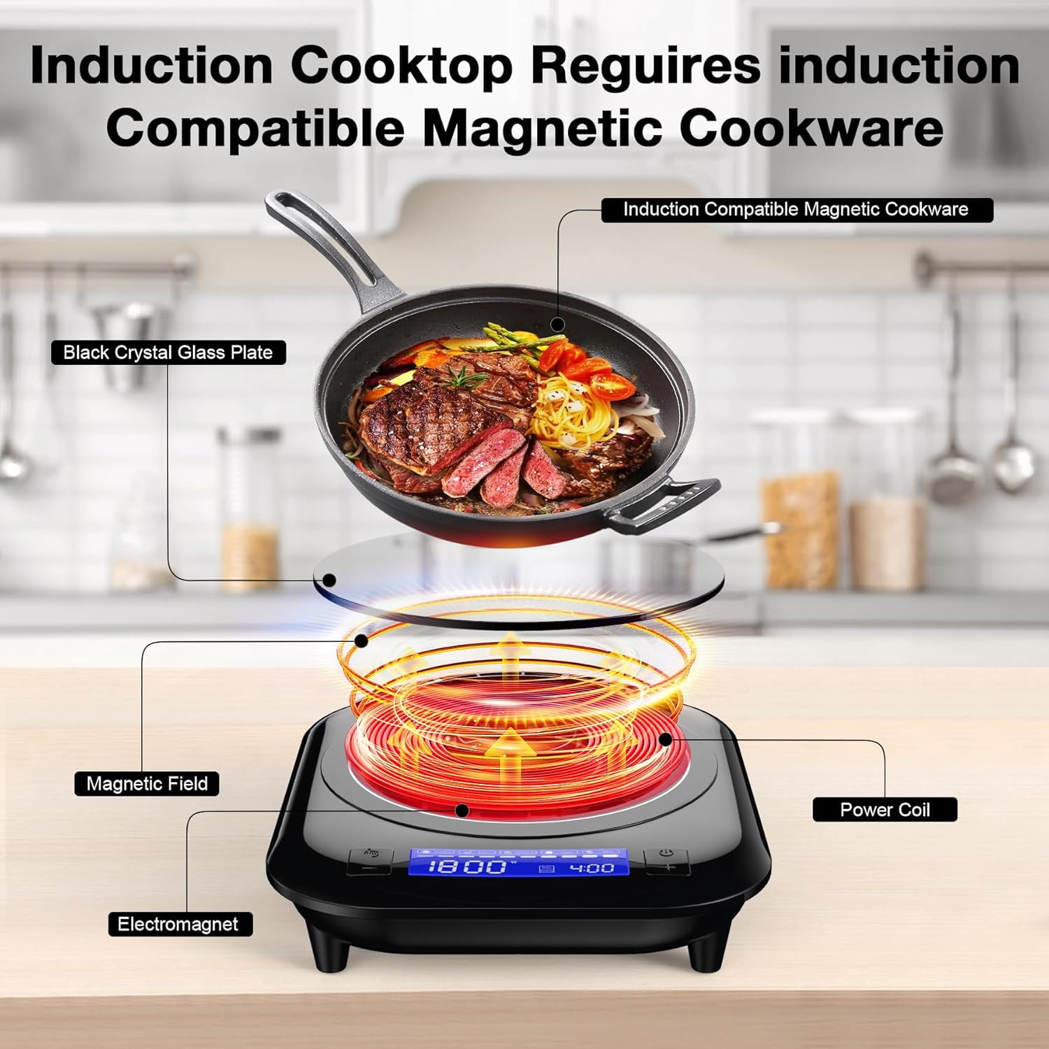 Single Induction Cooktop 1800W Electric with LCD Touch Control, 9 Temp Levels & Timer for Kitchen Dorm RV