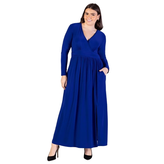 Plus Size V Neck Long Sleeve Side Slit Maxi Dress