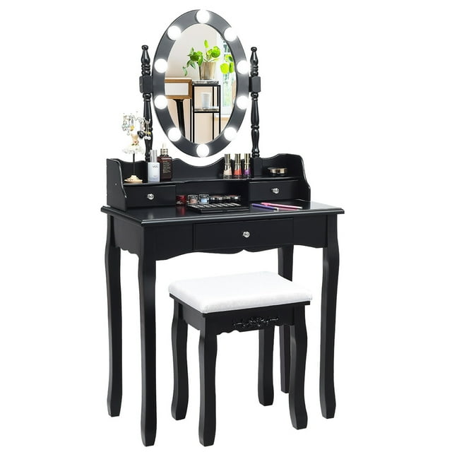 Costway Coiffeuse Ensemble de Table de Maquillage avec 10 Ampoules à Intensité Réglable et Interrupteur Tactile Noir