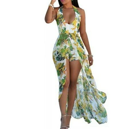 Summer Women Beach Sexy Jumpsuit Flower Print Halter Neck Romper Unique Long Dress