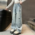 thumbnail image 5 of KAUOD Girls Cute Bow Knot Print Rhinestone Jeans Wide Straight Leg Elastic High Waist Baggy Denim Pants Cargo Y2k Streetwear, 5 of 7