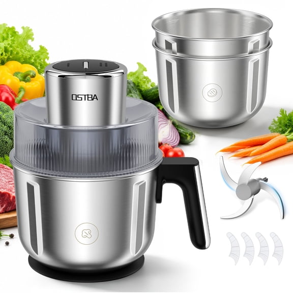 OSTBA 350W Food Processor with 3 Stainless Steel Bowls, Electric Meat Grinder and Vegetable Chopper, 7.6/8.5/10.6 Cup 2-Speed Food Chopper with Magnetic Blade for Meat, Baby Food, Garlic and Sauces