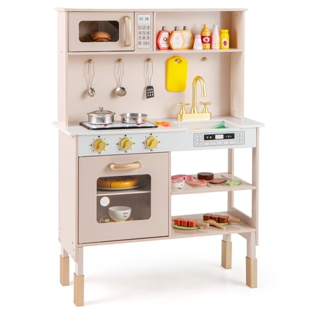 Costway Height Adjustable Play Kitchen Wooden Kitchen Playset with Real Lights & Sounds