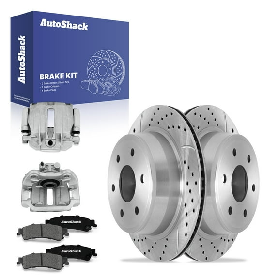 AutoShack Rear Drilled & Slotted Brake Rotors Premium Ceramic Brake Pads Calipers | Replacement for 2007 Chevrolet Silverado 1500 Classic | Silver Zinc Coated | 8-PC Brake Kit | SilverShield Pro