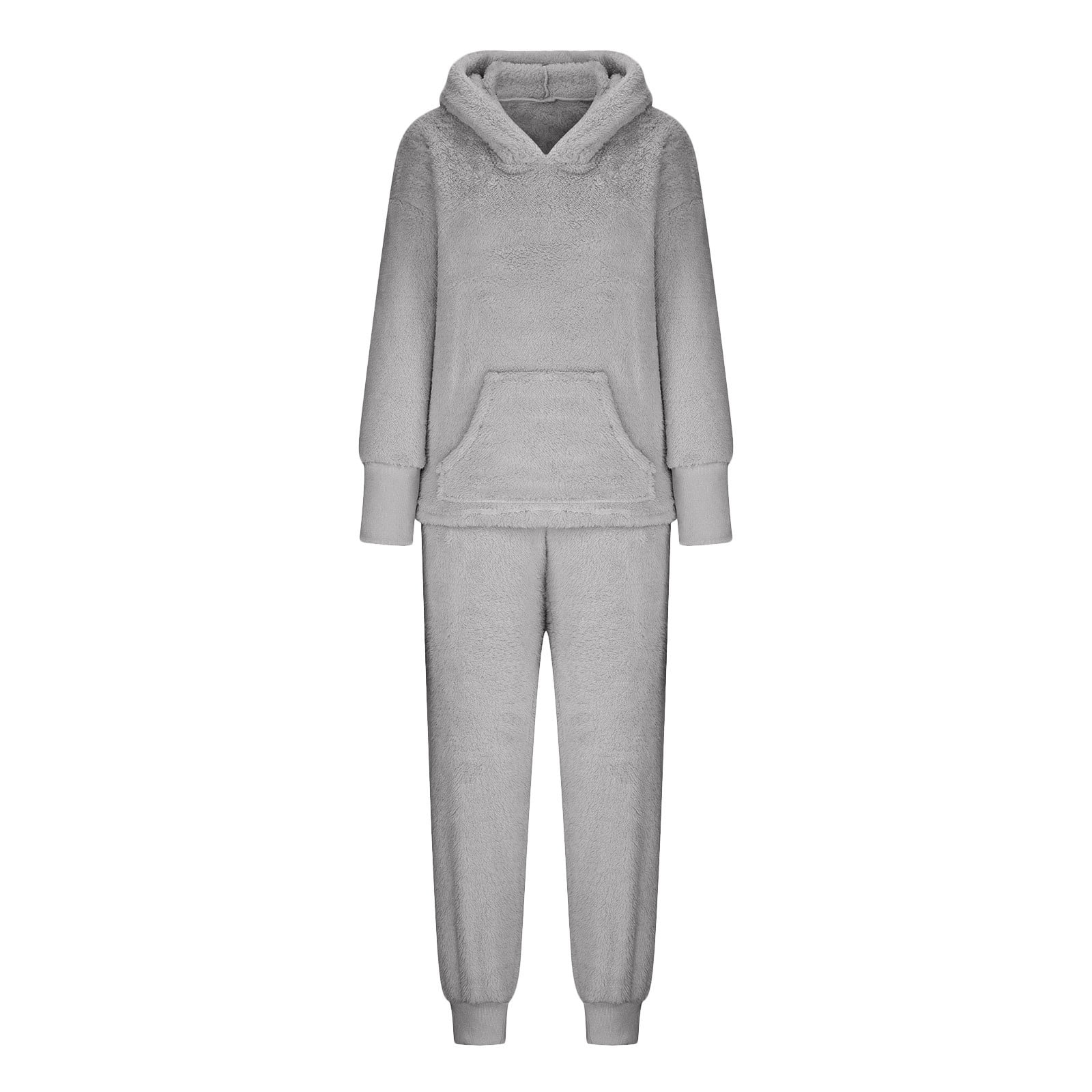 Blvb Women s Fuzzy Fleece Pajamas Sets Long Sleeve Casual Hoodies Top With Ear And Pants Set 2 Piece Fluffy Sleepwear Grey
