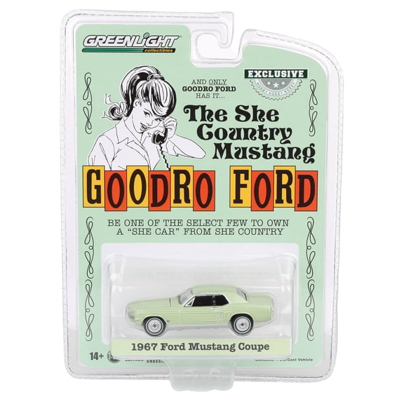 GreenLight 1/64 1967 Ford Mustang Coupe "She Country Special", Bill Goodro Ford, Denver, Colorado, Limelite Green, Hobby Exclusive 30353