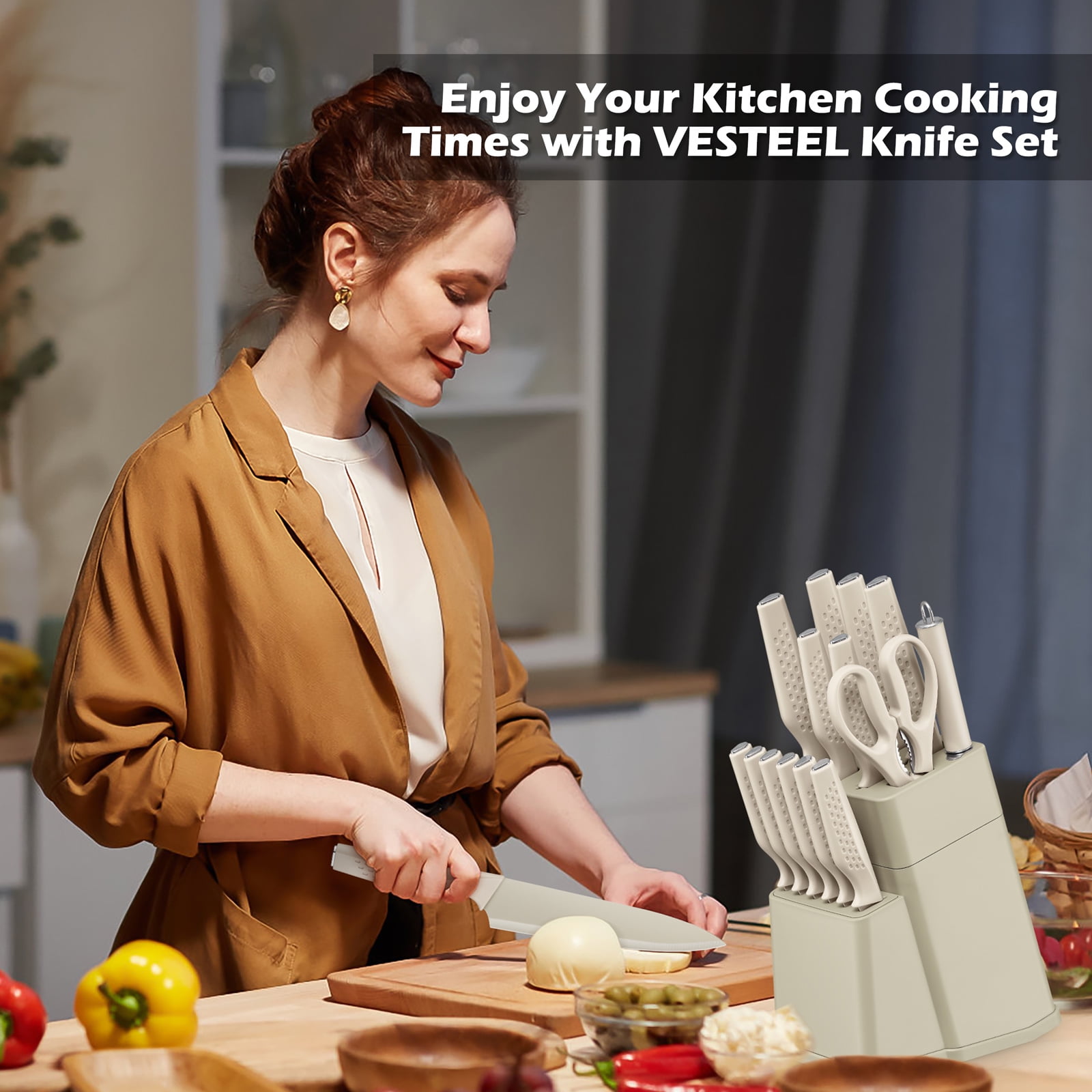 Vesteel Knife Block Set for Kitchen, 15-Piece High Carbon Stainless Steel Knives Set with Ergonomic Handle, Ultra-sharp & Rust Resistant, Khaki