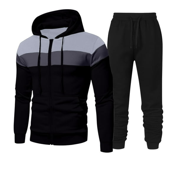 Fengqque Survêtement Athlétique à Capuche pour Homme 2 Pcs, Fermeture Éclair Intégrale, Manches Longues, Cordon de Serrage, Ensemble de Jogging, Tenue de Sport Décontractée pour la Course, Noir 14(TTTG)
