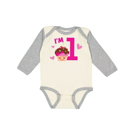 

Inktastic I m 1 with Cute Cupcake and Hearts Gift Baby Girl Long Sleeve Bodysuit