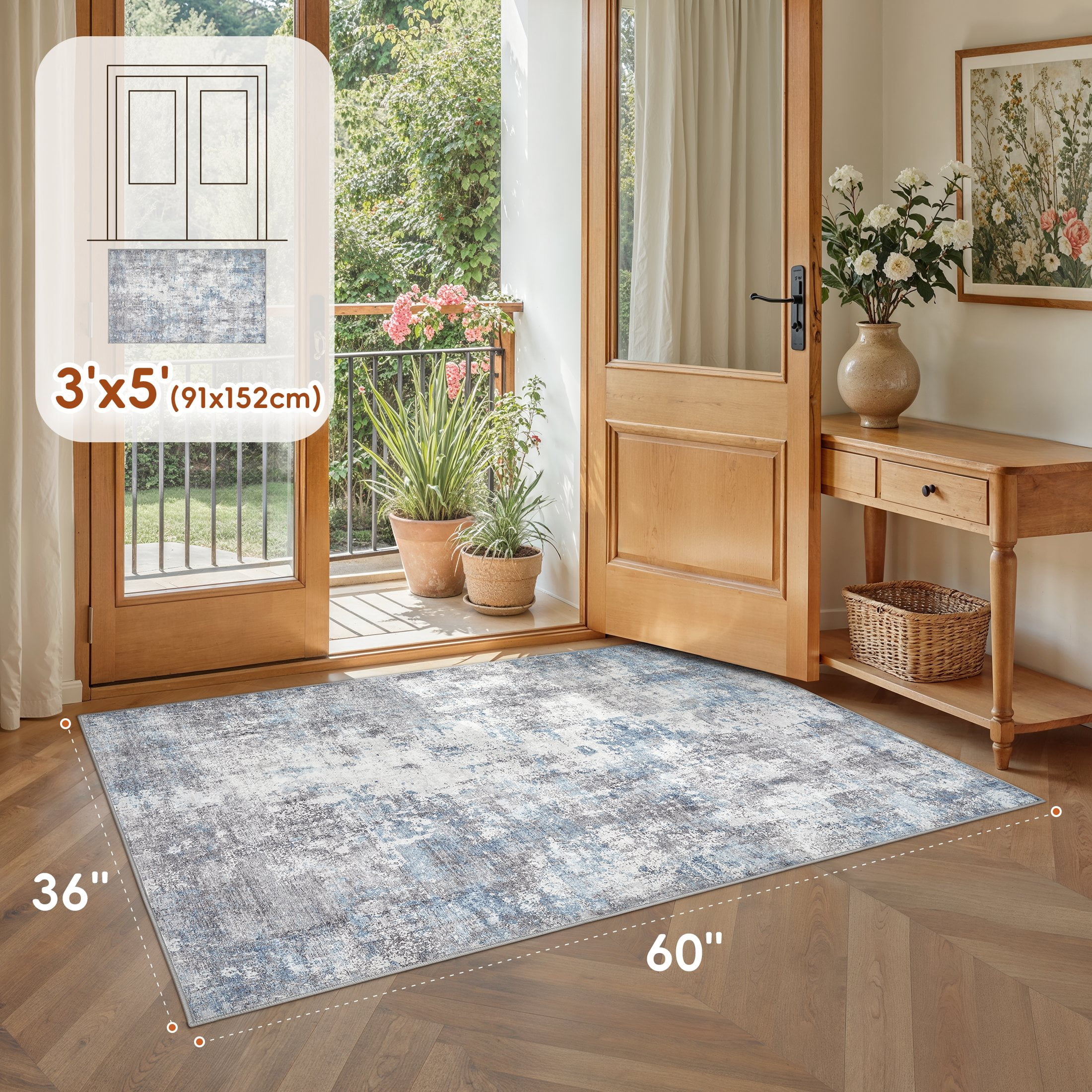 Uermei 3x5 Washable Entryway Rug: Non-Slip Soft Abstract Indoor Area Rug for Living Room Kitchen Bedroom, Stain-Resistant Door Mat Throw Carpet for Laundry Foyer Home Decor - Blue Gray