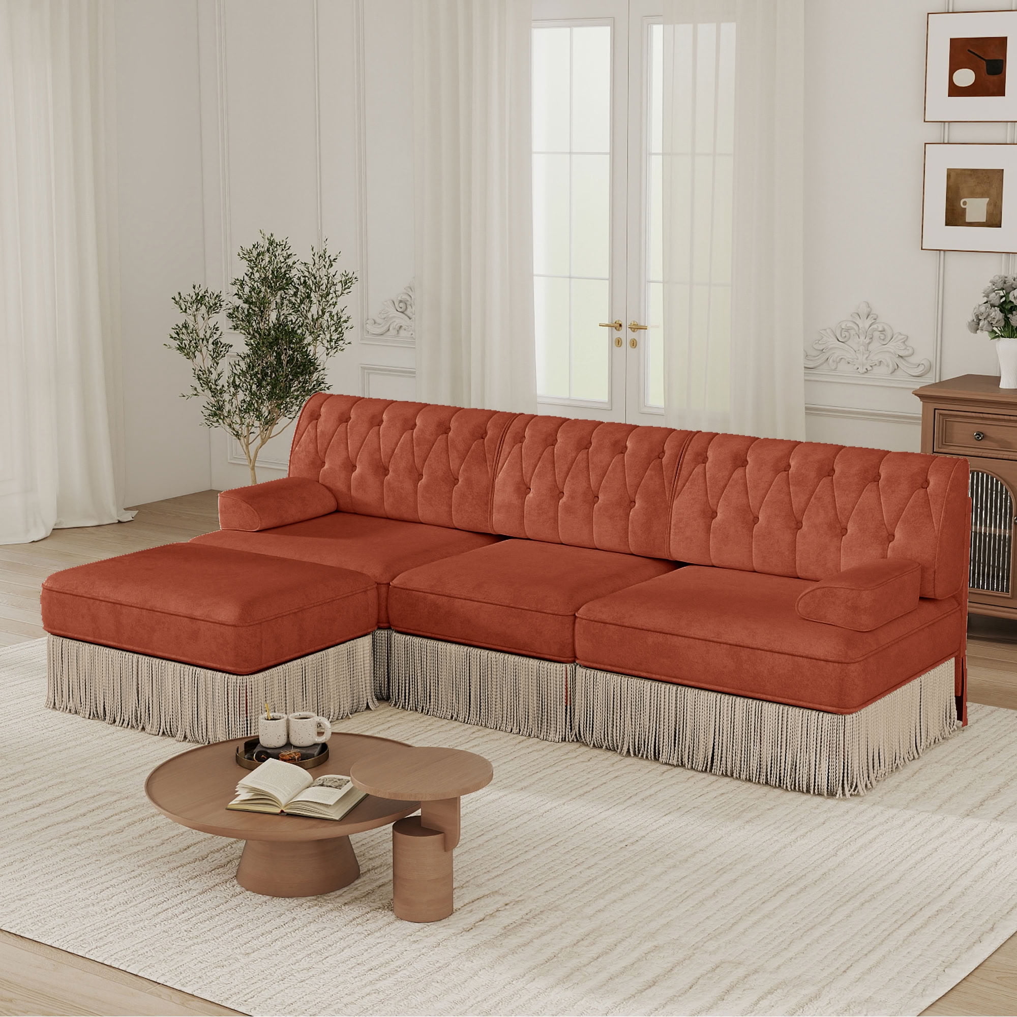 MAYEERTY 3-Seater Cloud Sectional Sofa, Chesterfield Modular Couch with Ottoman, Solid Wood Base for Living Room & Home Study
