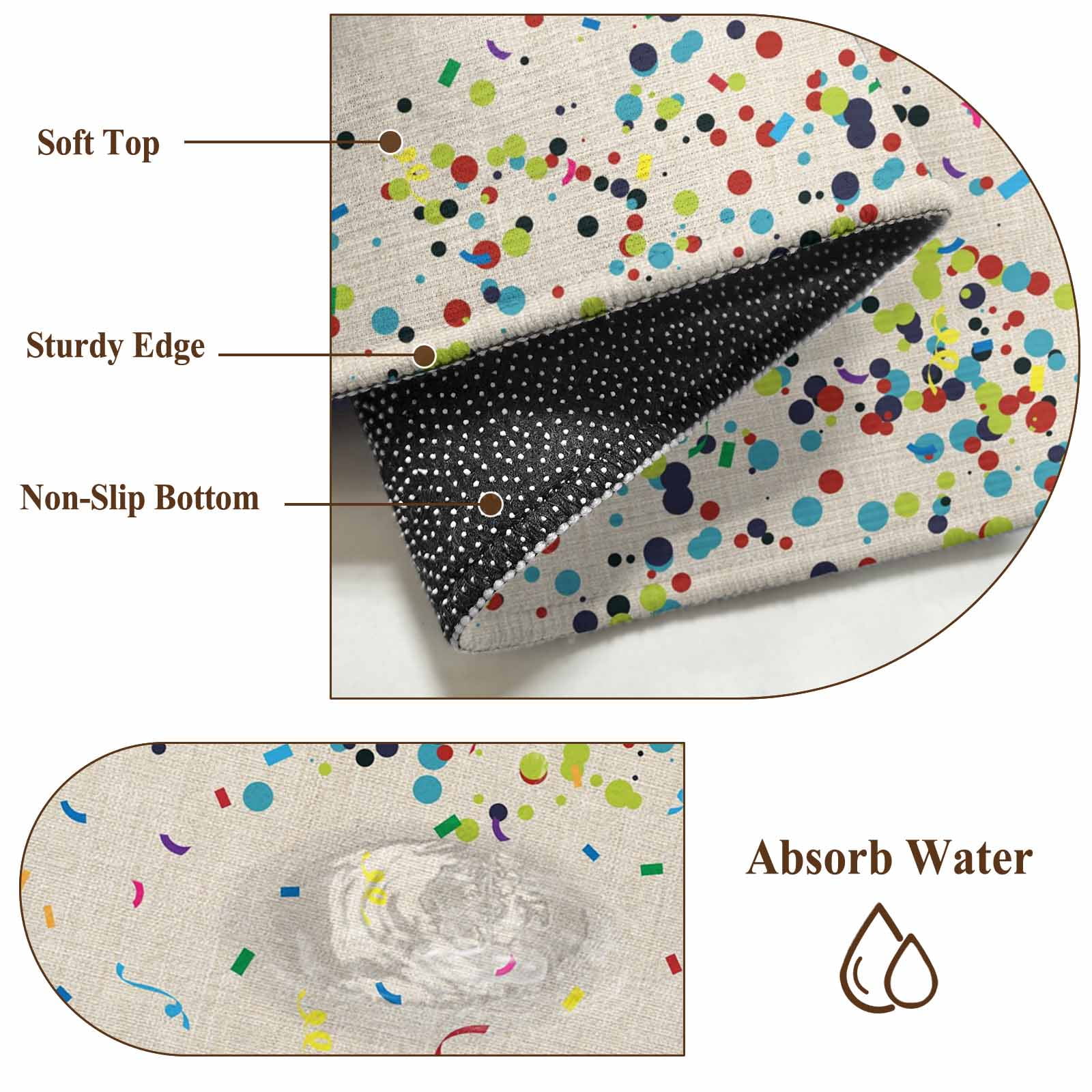 Beige Birthday Large Area Rugs for Bedroom Living Room, Non Slip Carpet Bedside Rug, Colorful Confetti Ribbons Polka Dots Classroom Rectangular Floor Cover Kitchen Accent Rug 2'x3' for Office