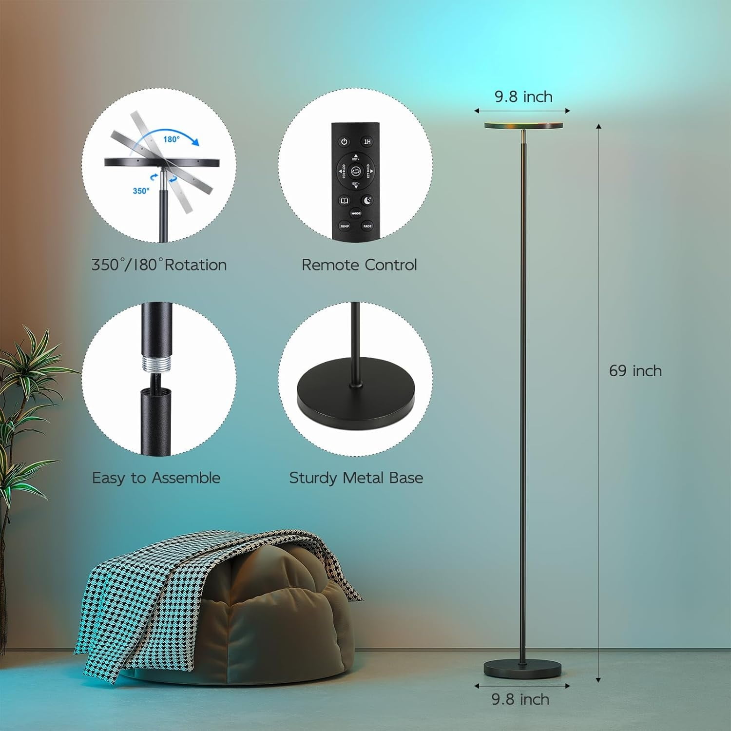 RGB Floor Lamps for Living Room, 32W Bright LED Floor Lamp with APP and Remote Control, Tall Standing Lamp with Stepless Dimmable, Modern Corner Lamp for Bedroom, Gaming Room