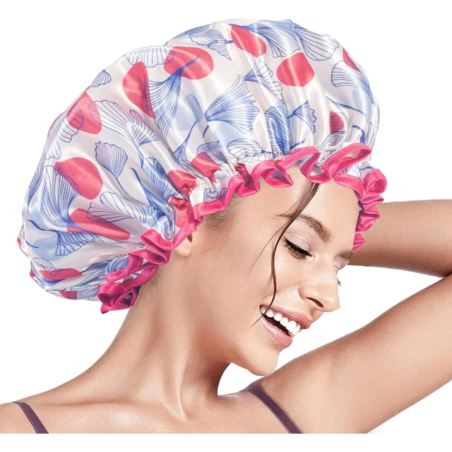 GFDYREE Bonnets de Douche, Bonnet de Douche Réutilisable pour Femmes, Bonnet Imperméable à Double Couche, Grande Taille pour Toutes les Longueurs de Cheveux, pour Filles Spa Maison Salon (Tulipe Rouge)