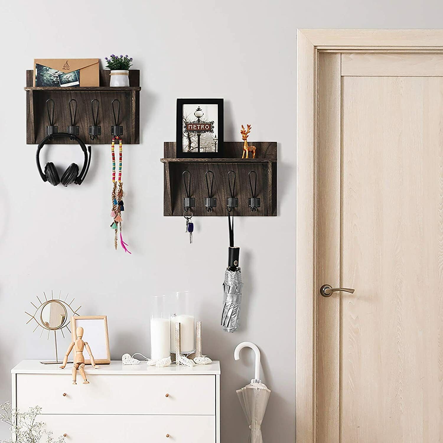 Set of 2 Wall Mounted Floating Shelf with Hooks Entryway Coat Key Bag