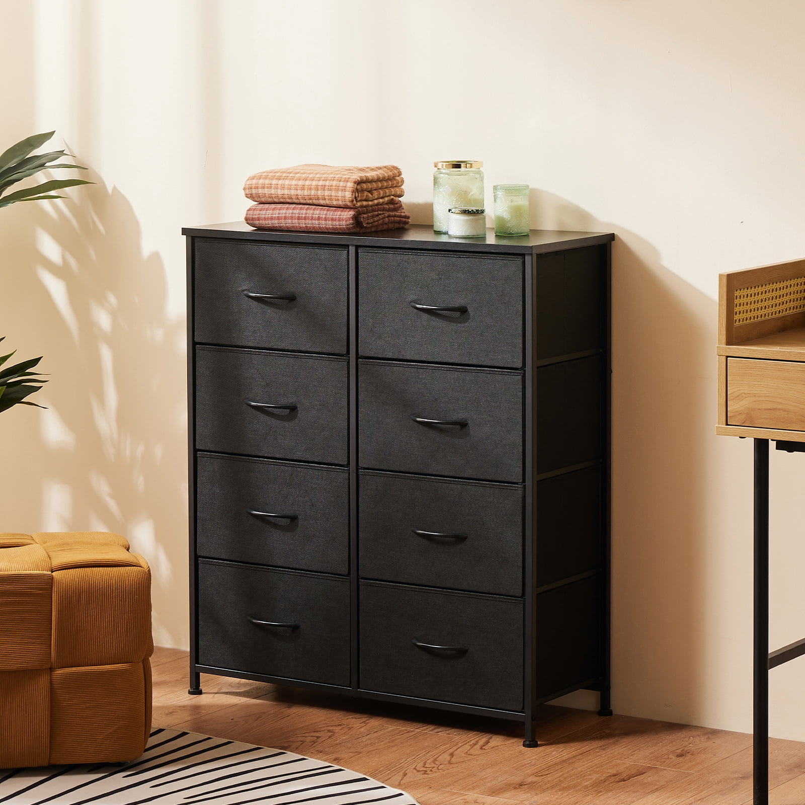 Aidoly Dresser for Bedroom, 8 Storage Drawers, Anti-Tip Fabric Closet Chests Organizer Tower Furniture with Wooden Top Metal Frame for Clothes, Living Room, Hallway, Entryway, Black