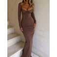 thumbnail image 3 of Womens Basic Elegant Square Neck Long Sleeve Fall Casual Maxi Dresses Brown XL, 3 of 5