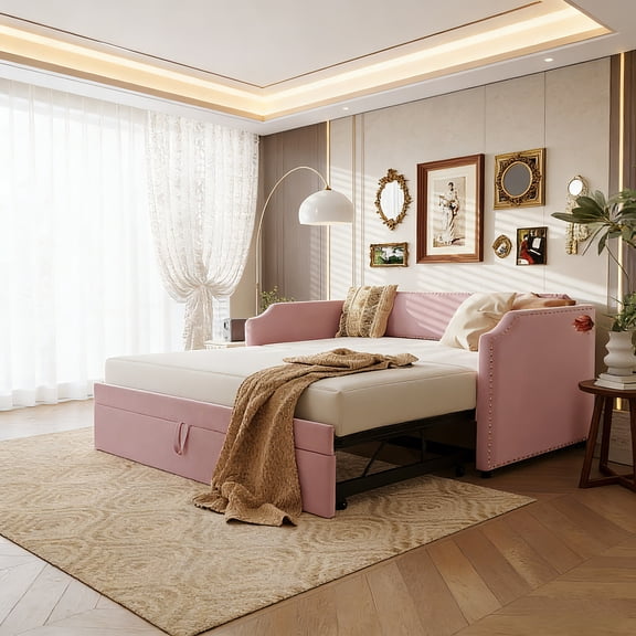 Twin Size Velvet Upholstered Daybed with Pop-Up Trundle, Integrated Storage Bed Frame, No Box Spring Needed