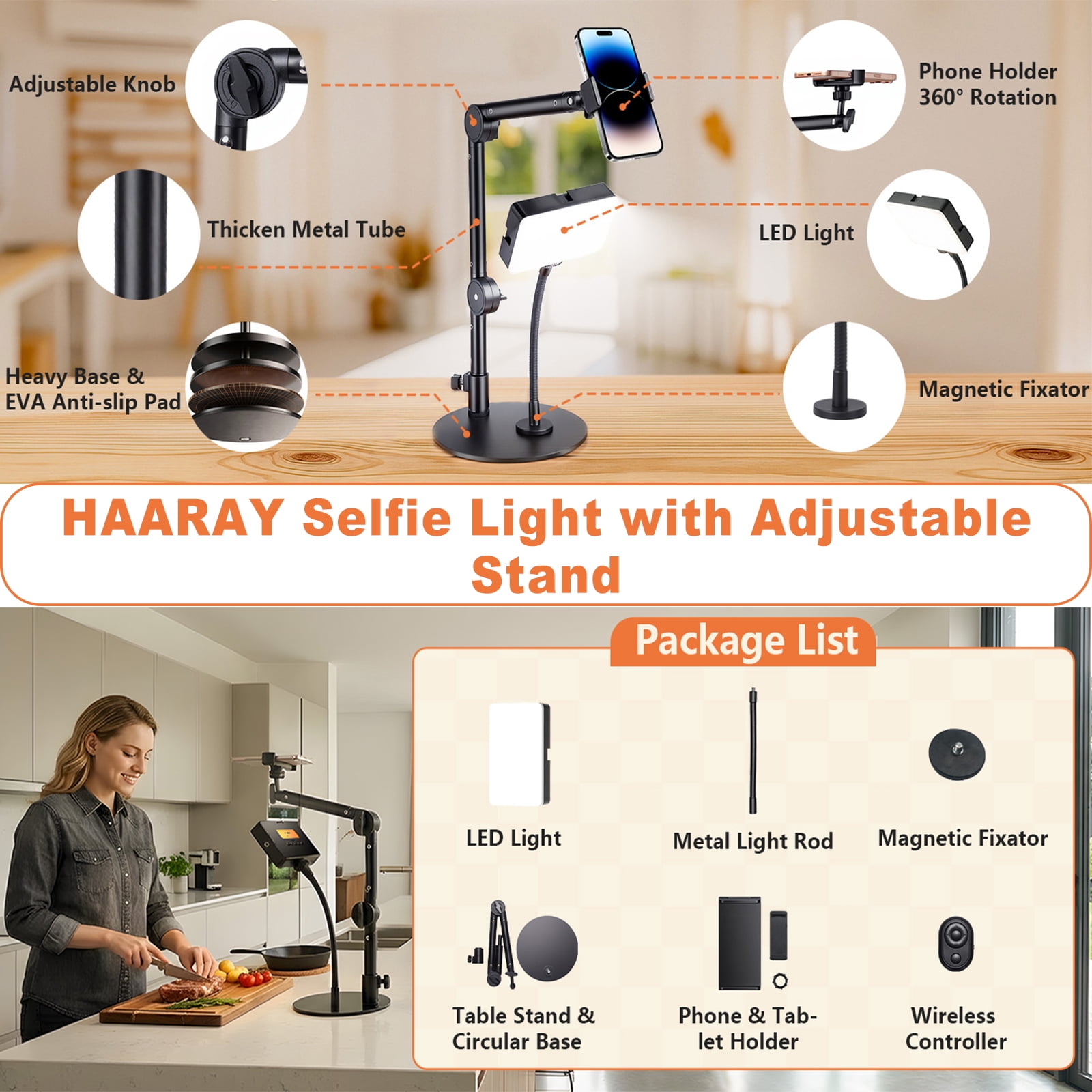 HAARAY Overhead Phone Mount with 1800mAh Magnetic Rechargeable Light for Desk, 90 LED Dimmable Selfie Light with 3-Stage Adjustable Stand & Remote, Phone Tablet Stand for Video Recording, Live Stream
