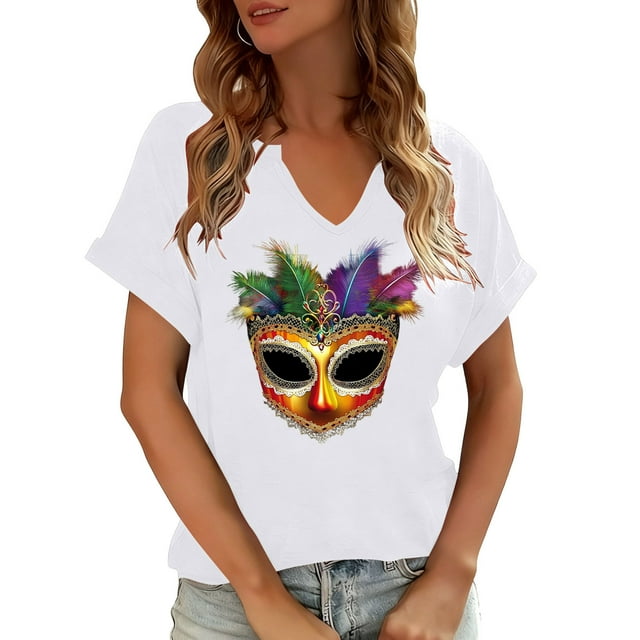 Xuyuer Carnival Confetti V-Neck Short Sleeve Tee - Ladies' Printed Casual Top for Mardi Gras Street Parties, Costume Parade Festivities, and Playful Festive Themed Casual Everyday Wear
