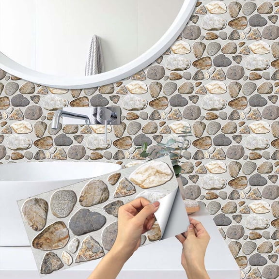 6 Pcs Peel and Stick Tiles Wall Stickers Decals 11.8 x 5.9" Brown Gray Cobblestone Pattern Waterproof Vinyl Mosaic Sticker Kitchen Backsplash