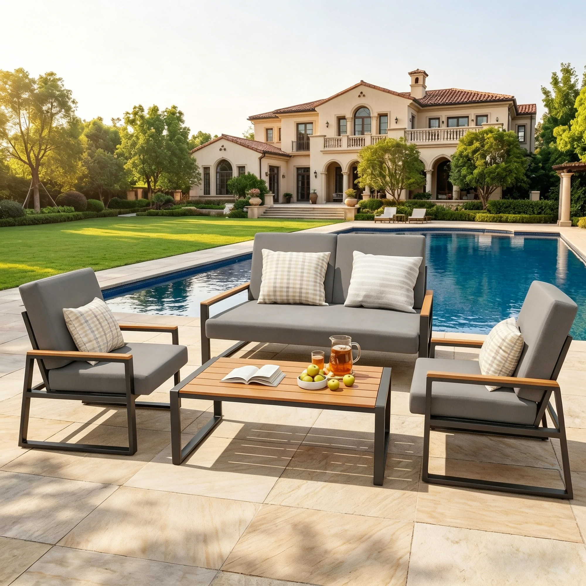 Outdoor Furniture Set, Lofka Patio Sectional Furniture Set with Rectangle Wooden Table and Heavy-Duty Metal Frame, Seating for 4, Gray Cushion