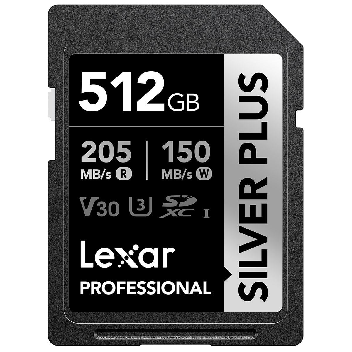 Lexar Professional /512GB SILVER PLUS SDXC UHS-I Card, C10, U3, V30, 4K UHD, SD Card, Memory Card, up to 205MB/s read