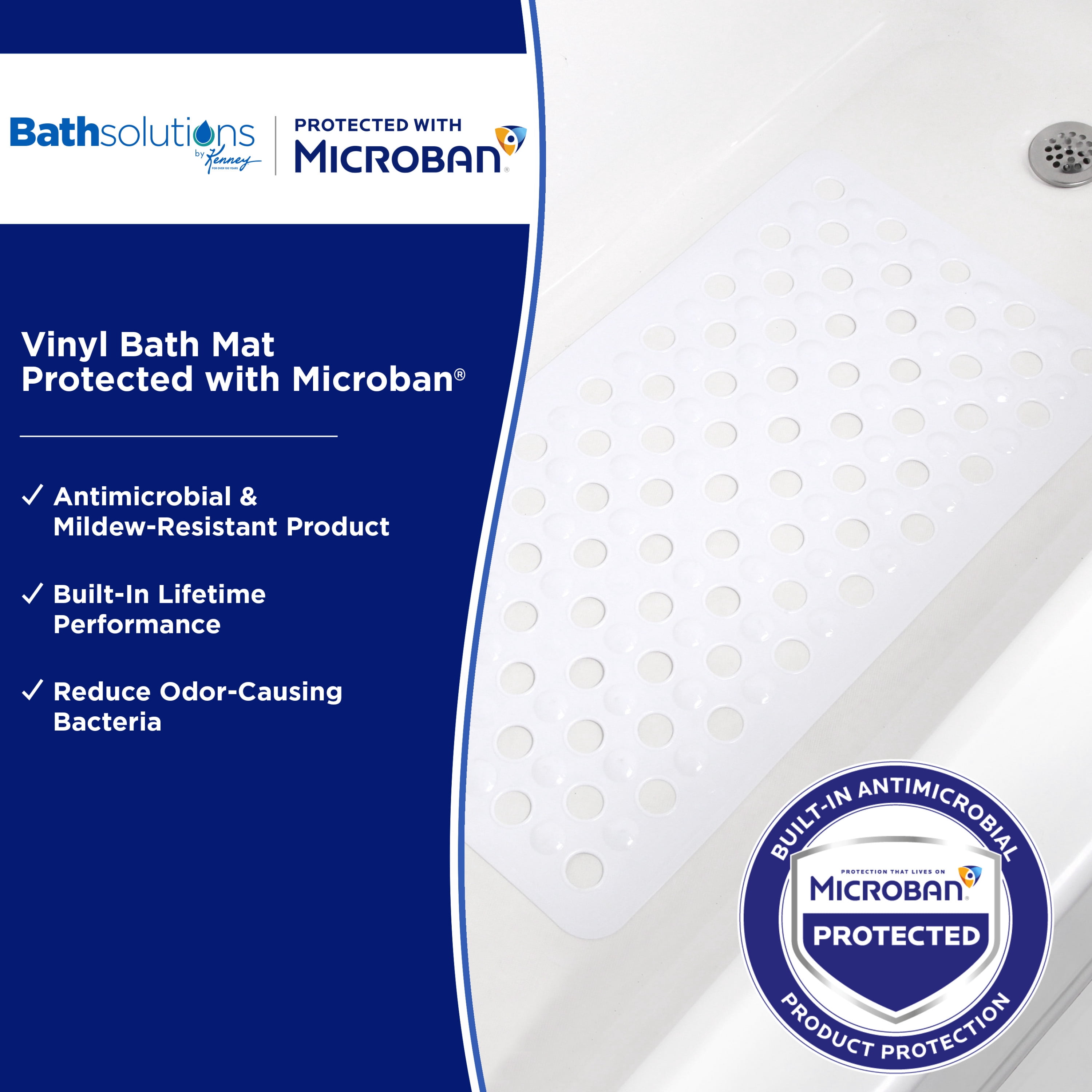Kenney Microban Protected Vinyl Bath Mat, 27” L x 14.5” W, White